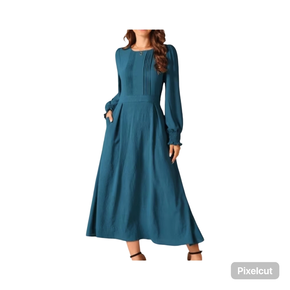 NWOT Size Large Seta T Peacock Blue Long Sleeve Midi Dress with pockets